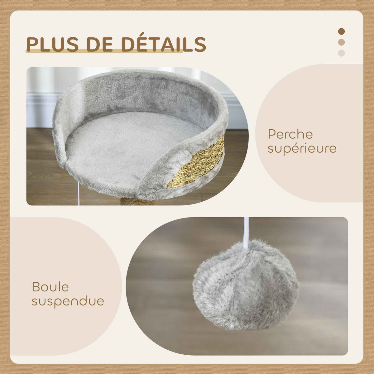 Arbre à chat arbre à grimper grattoir design jeu pompon suspendu + plateforme peluche 40 x 40 x 49 cm jute gris-5