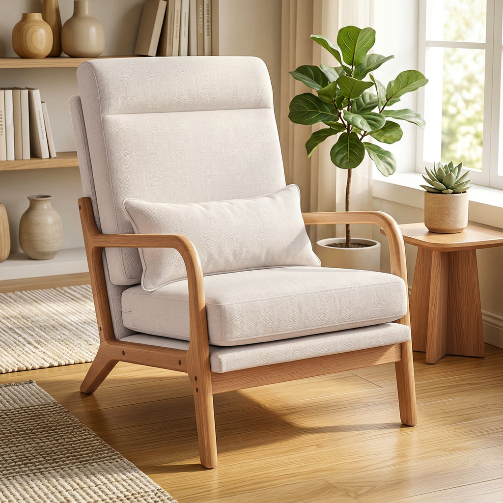 Fauteuil salon, fauteuil d'appoint rembourré en lin avec large assise, support lombaire, haut dossier, 64x86x93cm, crème-1