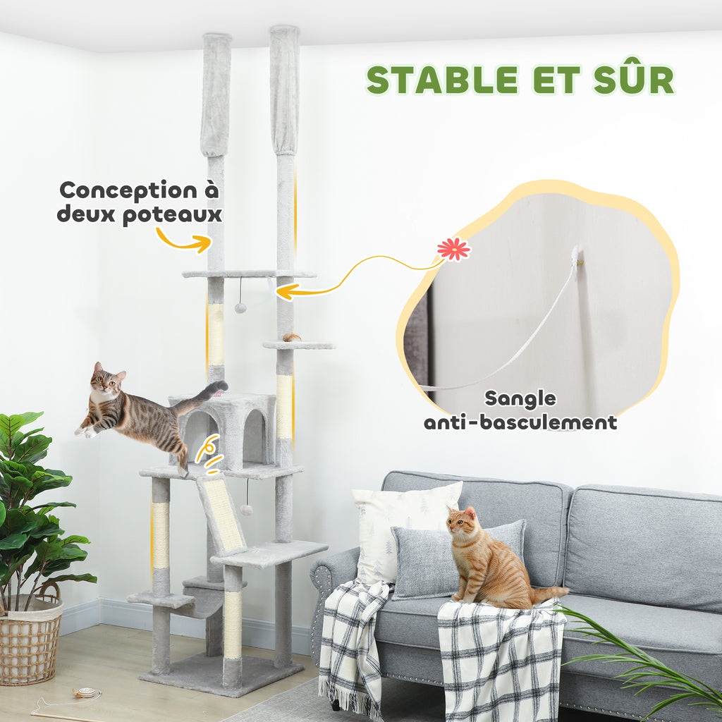 Arbre à chat du sol au plafond griffoir pour chat hauteur réglable 225-255 cm 6 niveaux avec niche hamac gris clair-3