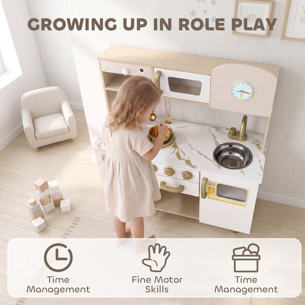 Cuisine Enfant en Bois, Dinette Cuisine Enfant avec Ustensiles en Acier Inoxydable, pour 3 à 6 Ans, 74x29x81cm, Blanc-7