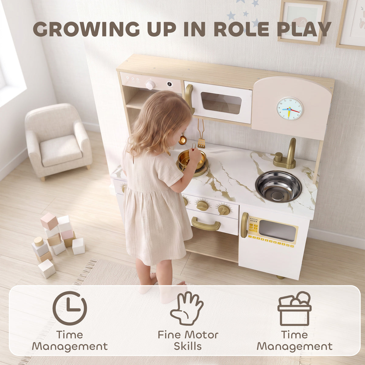 Cuisine Enfant en Bois, Dinette Cuisine Enfant avec Ustensiles en Acier Inoxydable, pour 3 à 6 Ans, 74x29x81cm, Blanc-7