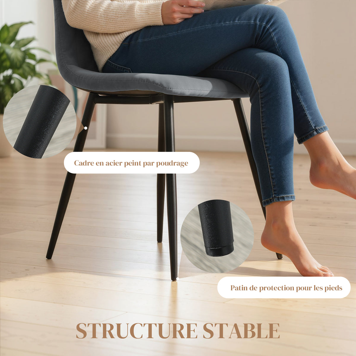 Lot de 4 chaises de salle à manger rembourrées avec dossier haut, pieds en acier et tissu effet velours, gris-4