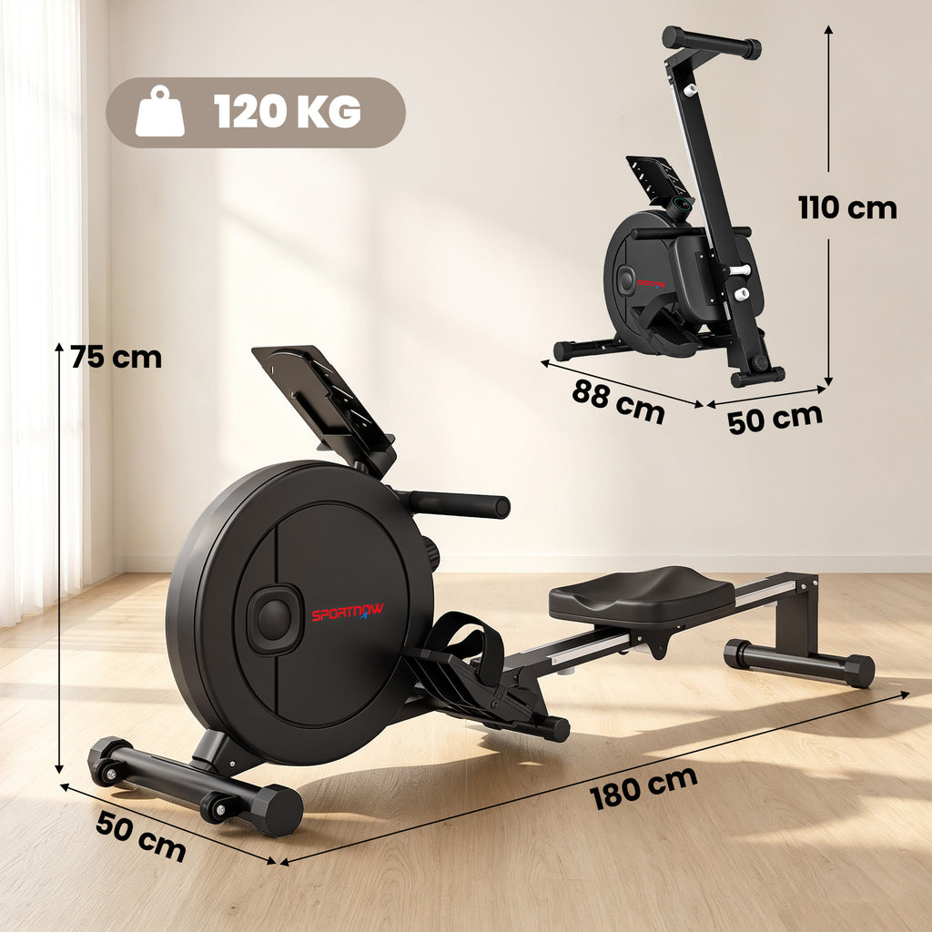 Rameur Musculation d'Appartement Pliable 16 Niveaux, App, Écran LCD, Support de Tablette, 180x50x75cm, Noir-2