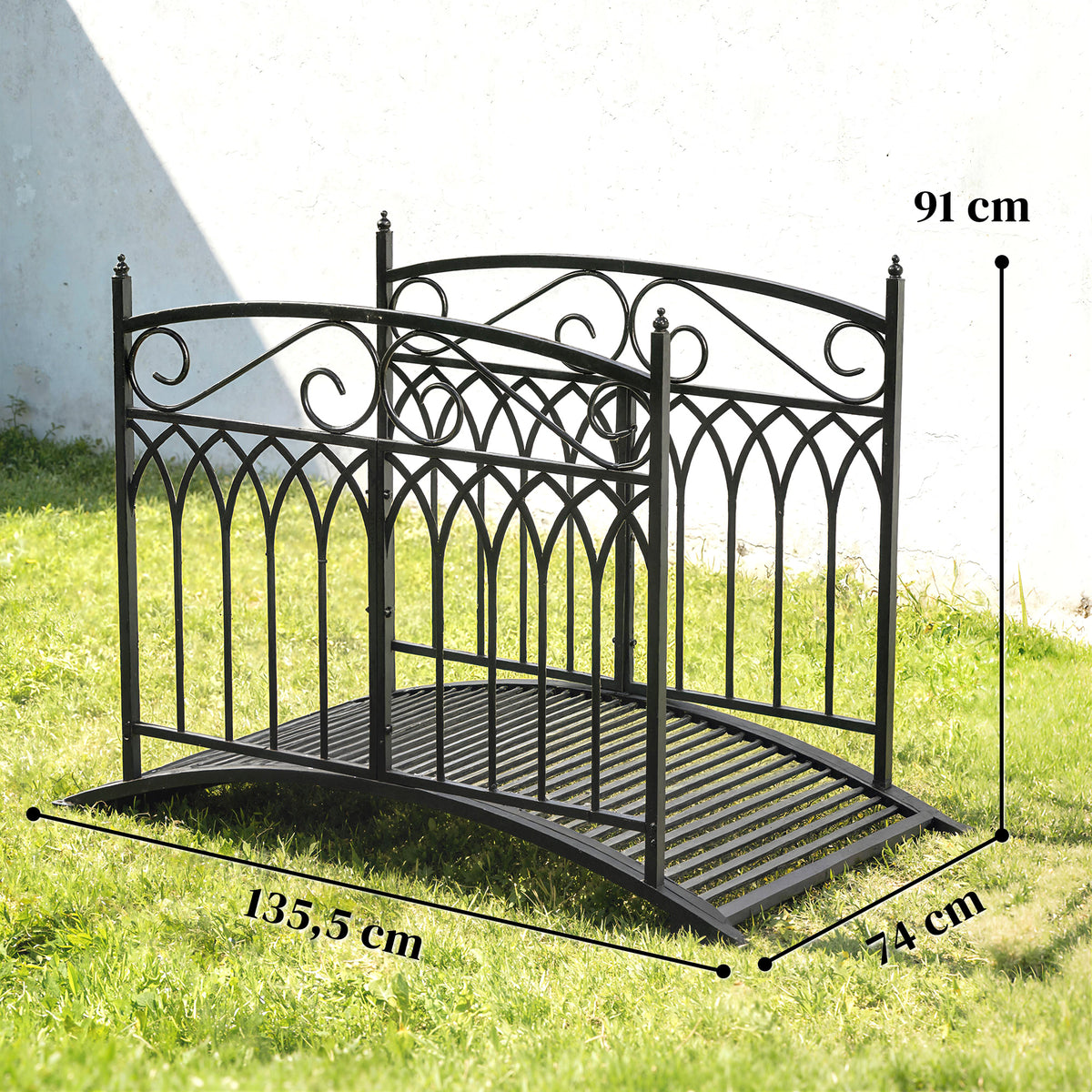 Pont de Jardin en Métal Style Baroque Passerelle Décorative avec Garde-Corps 91cm et Charge 100kg Noir-2