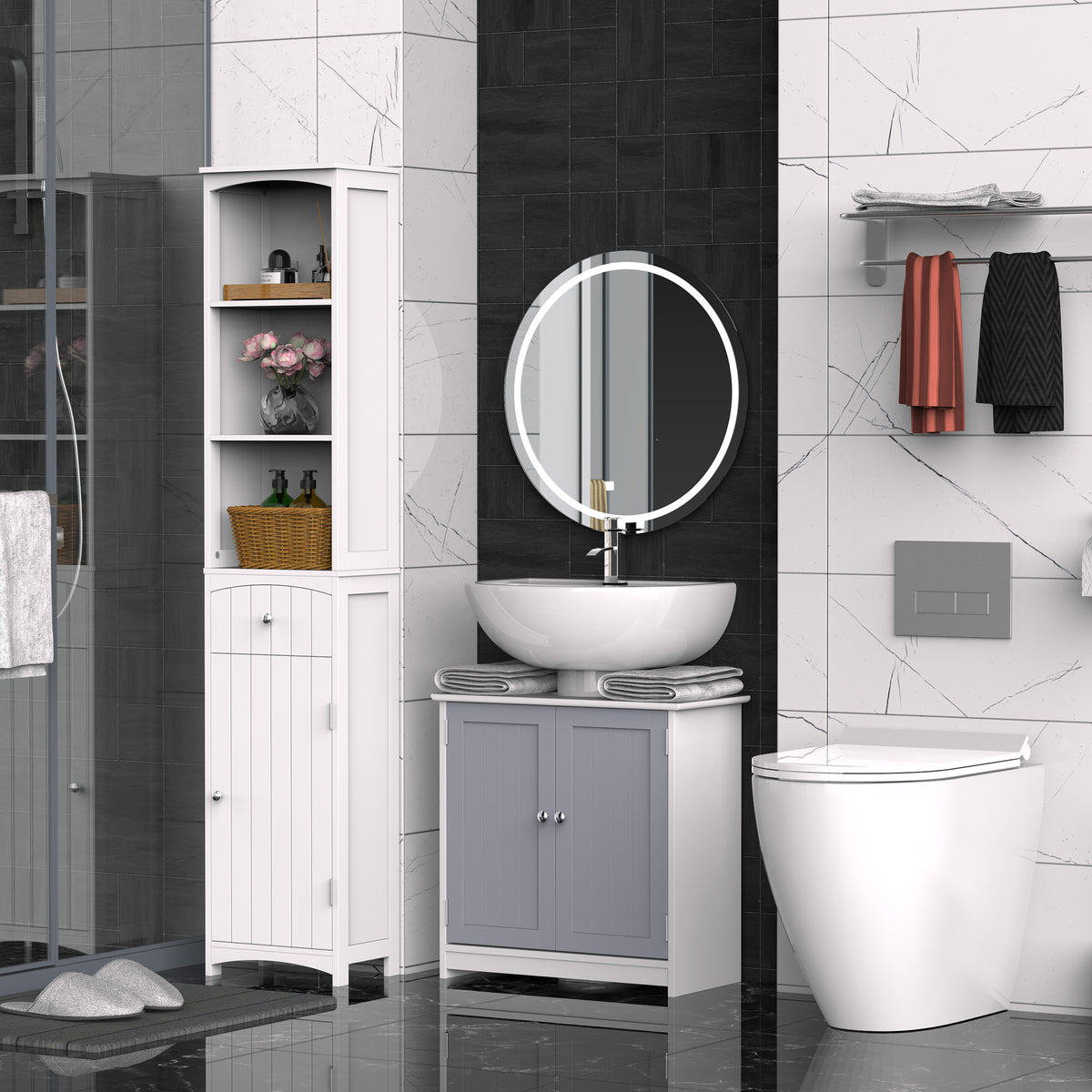 Meuble salle de bain sous lavabo - meuble sous-vasque - placard 2 portes avec étagère - dim. 60L x 30l x 60H cm - en bois gris blanc-1