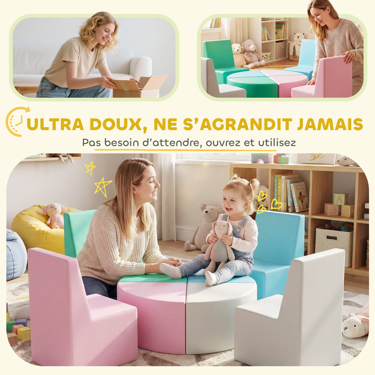Parcours motricité bébé 8PCS, module motricité bébé mousse EPE et housse en PU, design table et chaises, multicolore-4