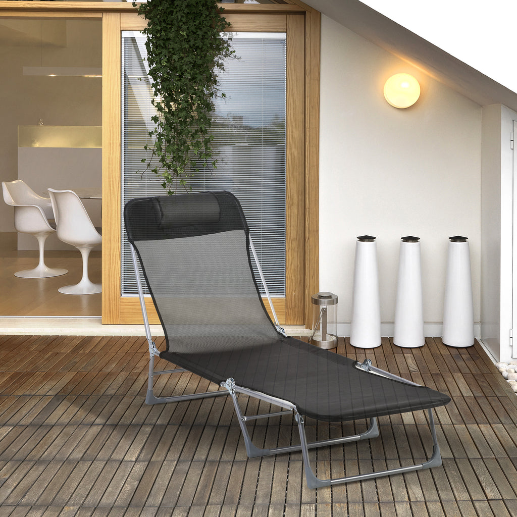 Bain de soleil transat chaise longue inclinable pliable avec oreiller dossier réglable sur 5 niveaux noir-1