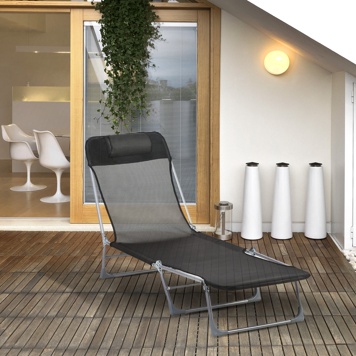 Bain de soleil transat chaise longue inclinable pliable avec oreiller dossier réglable sur 5 niveaux noir-1