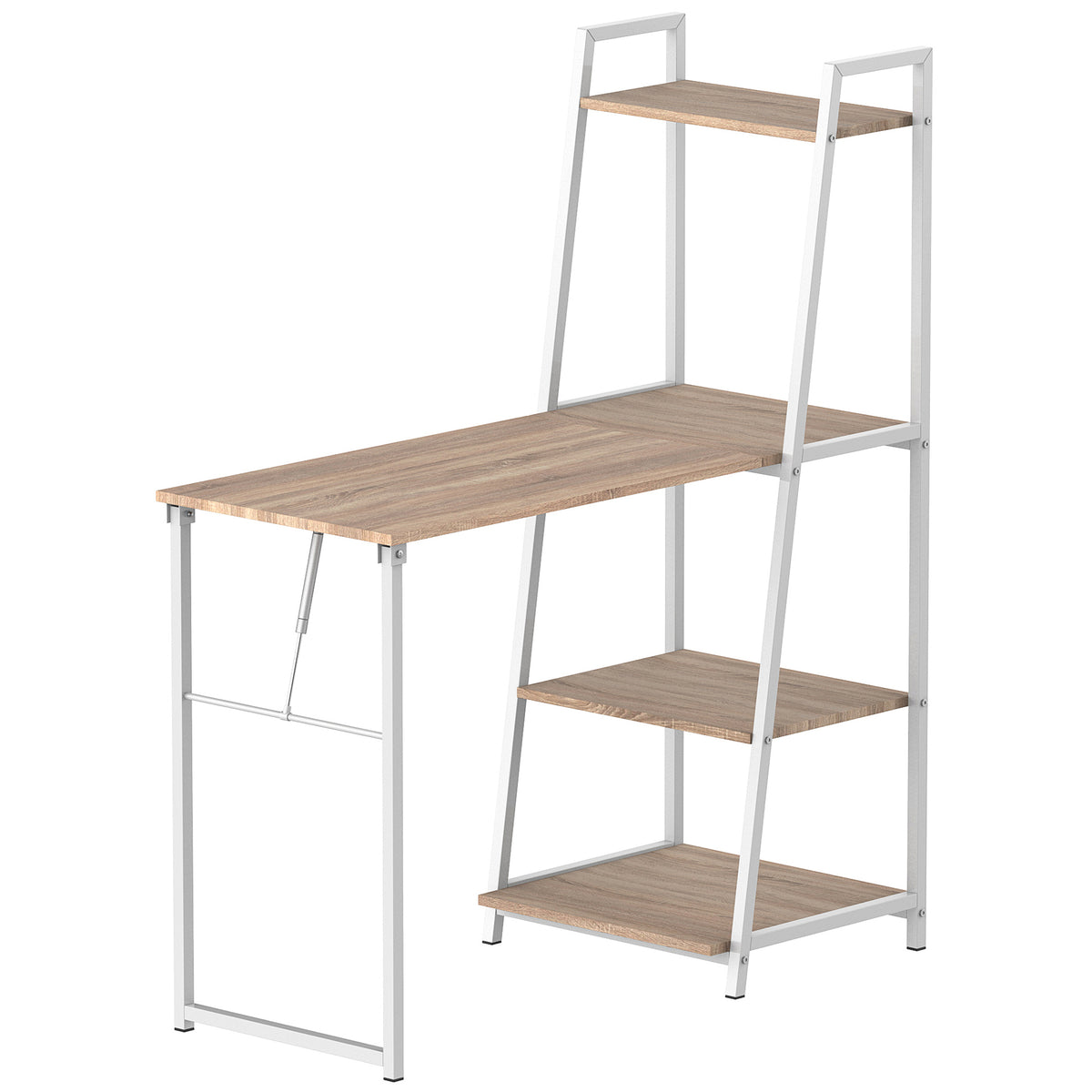 Bureau Pliable Rabattable - Bureau bibliothèque 2 en 1-4 étagères - Imitation Bois chêne Clair métal Blanc-0