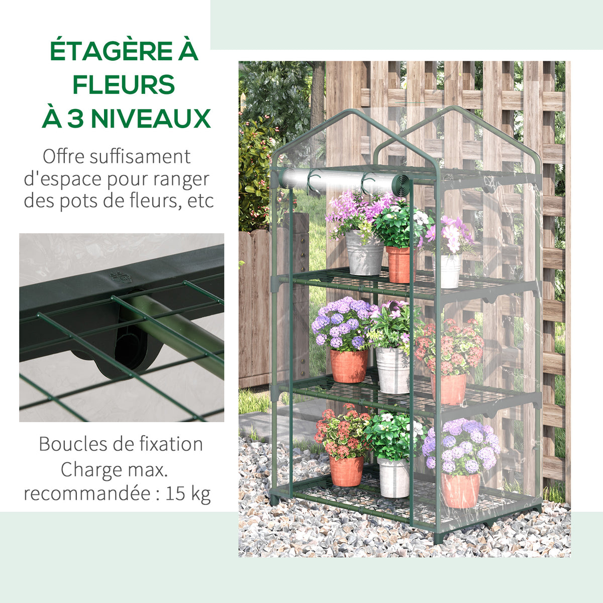 Serre de jardin avec étagères 3 niveaux, serre de balcon, bâche renforcée PVC, châssis en acier, porte zippée enroulable, pour légumes plantes fleurs, 69 x 49 x 125 cm, transparent-5