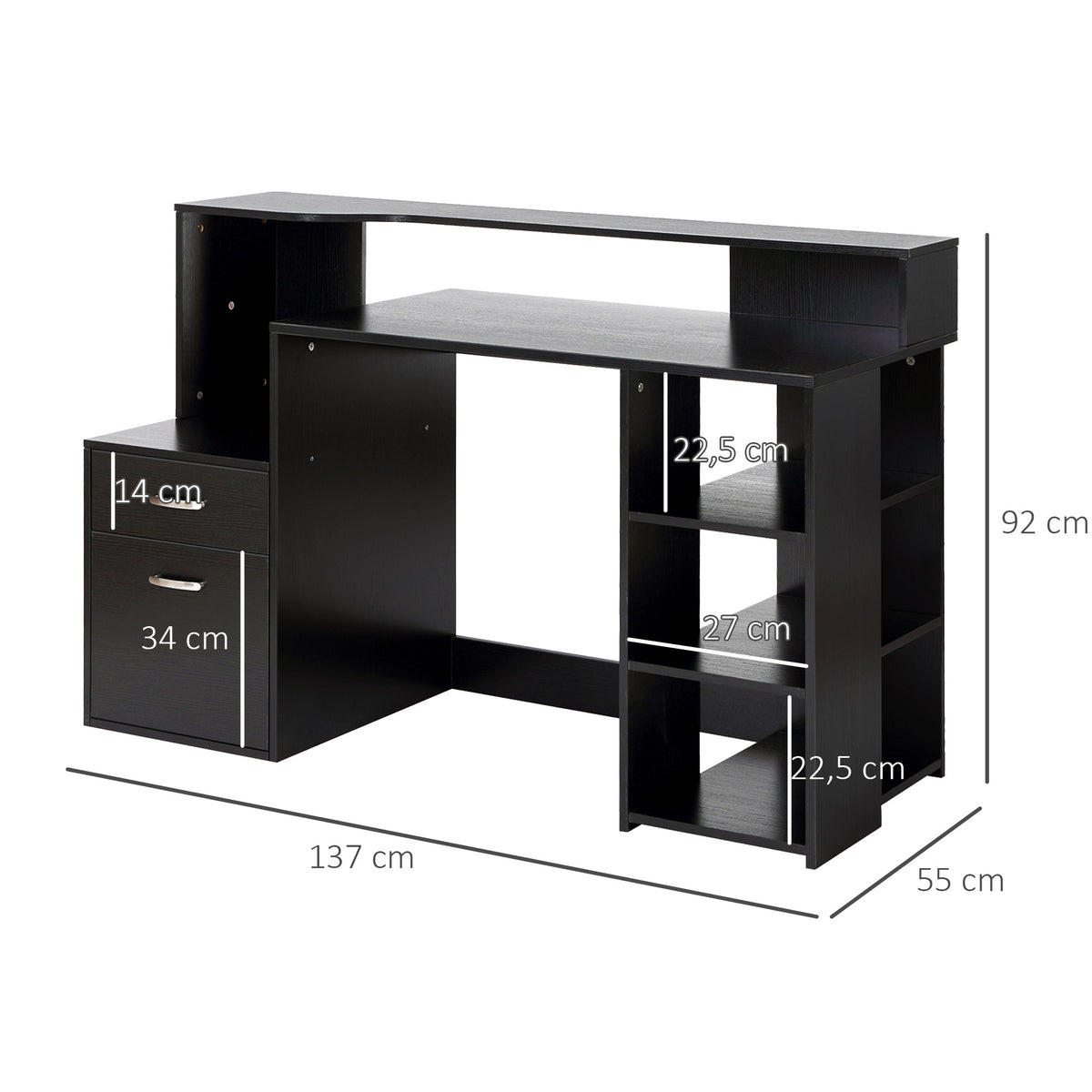 Bureau informatique avec 2 tiroirs, bureau avec rangement, 137 x 55 x 92 cm, étagères ouvertes et tablette d'imprimante, style moderne, table d'ordinateur pour chambre, studio, noir-2