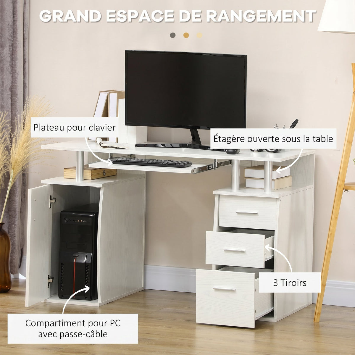 Bureau d'ordinateur, bureau informatique 120 x 55 cm avec plateau pour clavier, 3 tiroirs, pour chambre, domicile, blanc-3