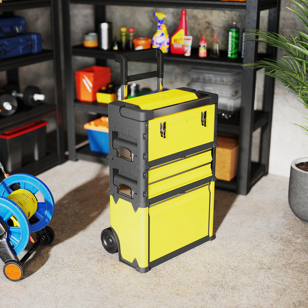 Lot de 3 boîtes à outils sur roulettes empilables et modulaires en acier avec plateau, poignées et serrure, jaune-8