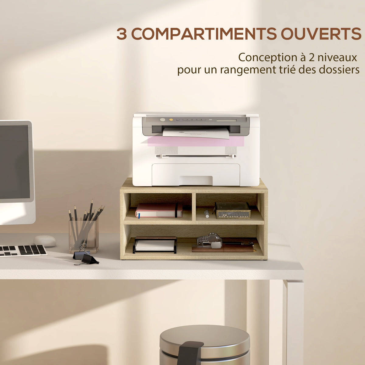 Organiseur bureau aspect bois avec 3 compartiments fournitures support d'imprimante dim. 47L x 40l x 22,5H cm-3