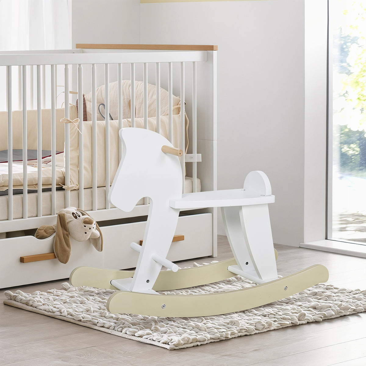 Cheval à Bascule en Bois - Jeu à Bascule Avec Poignées, Repose-Pied et Butées - MDF Contreplaqué Blanc et Bois Naturel-7