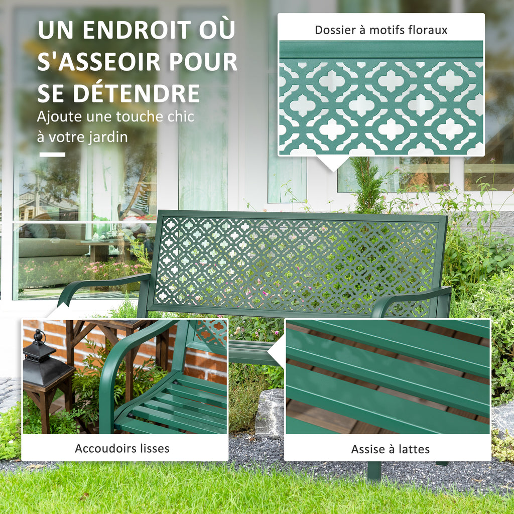 Banc de jardin banc extérieur jardin en acier avec dossier à motif floral pour 2 personnes 127 x 63 x 83 cm vert foncé-3