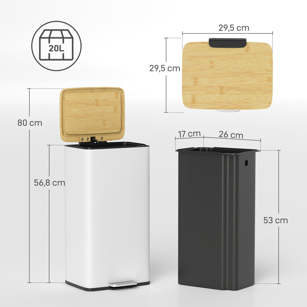 Poubelle de Cuisine 20L, Poubelle avec Pédale, Couvercle en Bambou à Fermeture Douce, Seau Intérieur Amovible, Blanc-2