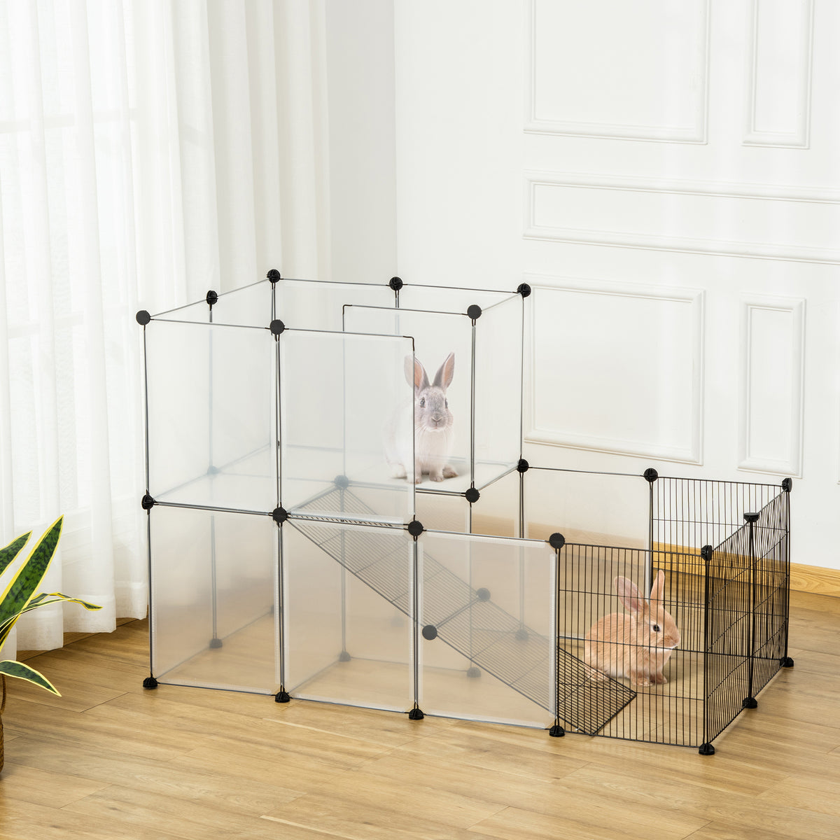 Enclos lapin interieur, 2 niveaux, parc modulable pour petits animaux, 27pcs, 140 x 70 x 90 cm, noir-1