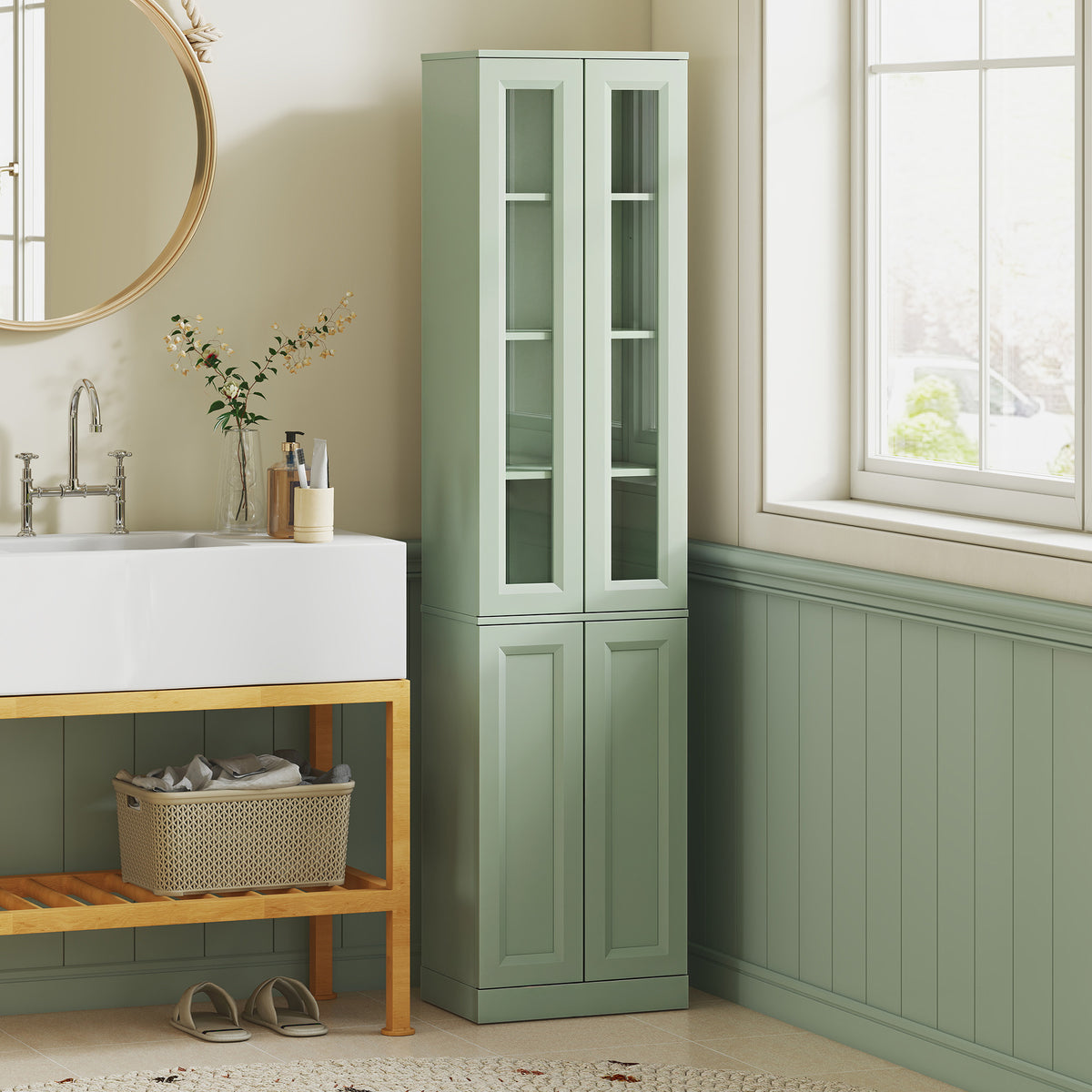 Meuble de Salle de Bain 6 niveaux, Meuble de Rangement avec 4 Portes à Fermeture Douce et Étagères Réglables, Vert-1