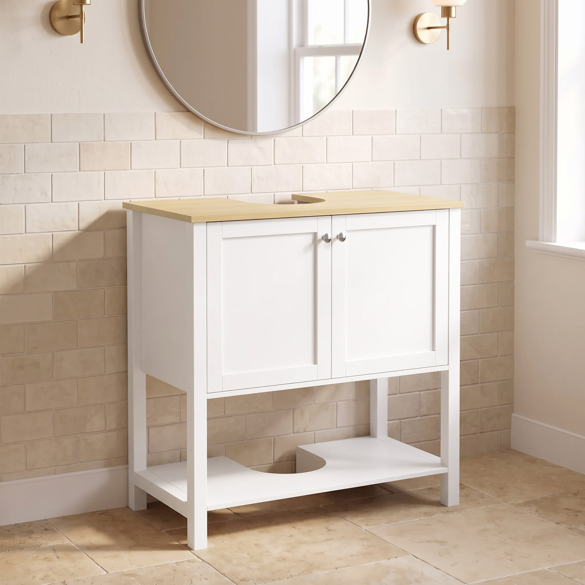 Meuble sous lavabo, meuble de salle de bain moderne avec 2 portes, étagère ouverte, découpe en U, 80 x 40 x 80 cm, blanc-1