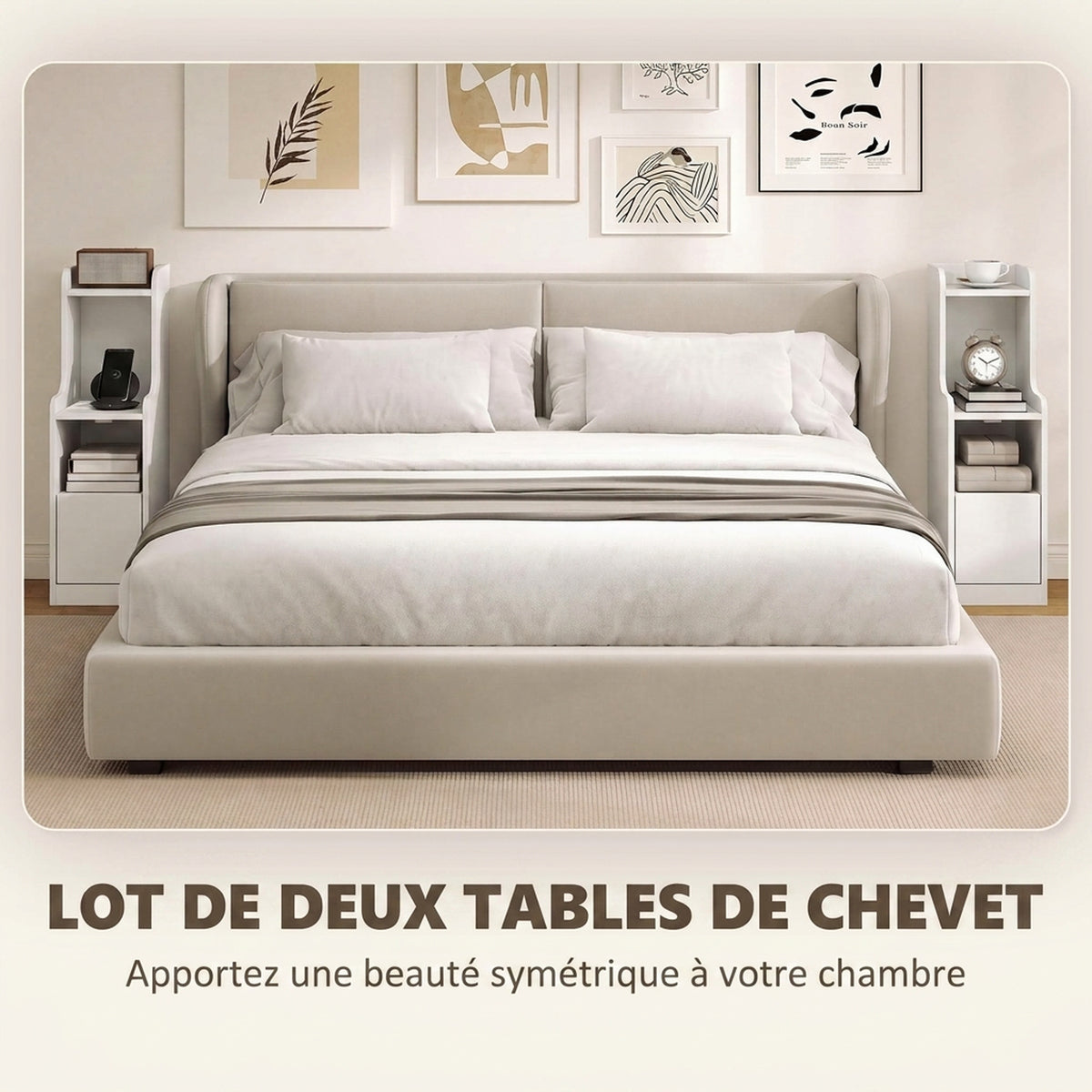 Lot de 2 Tables de Chevet avec Station de Charge, Tables de Nuit Modernes avec Tiroir, Étagères Ouvertes, Blanc-3
