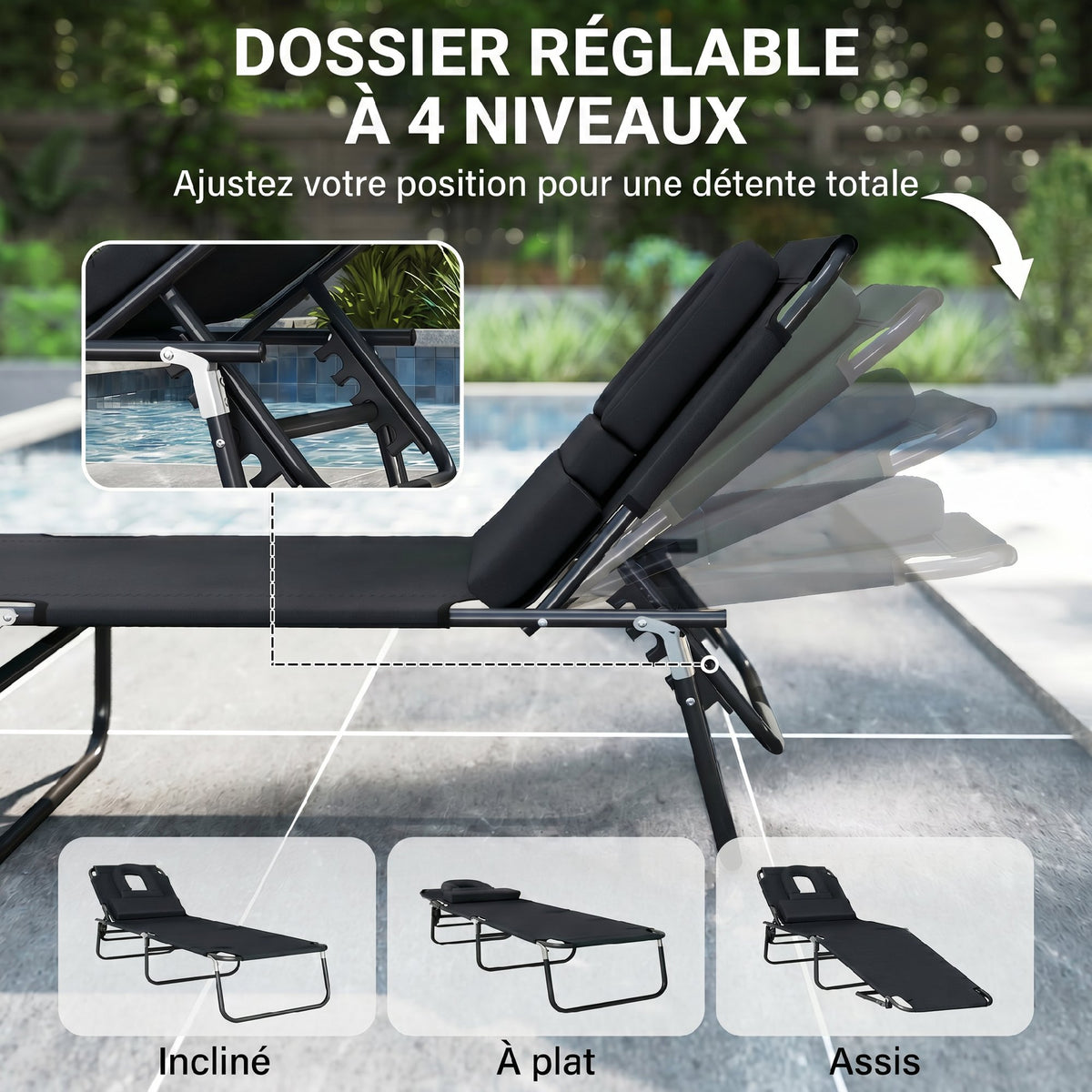 Transat de Jardin Chaise Longue Pliante Bain de Soleil pour Lecture Noir-4
