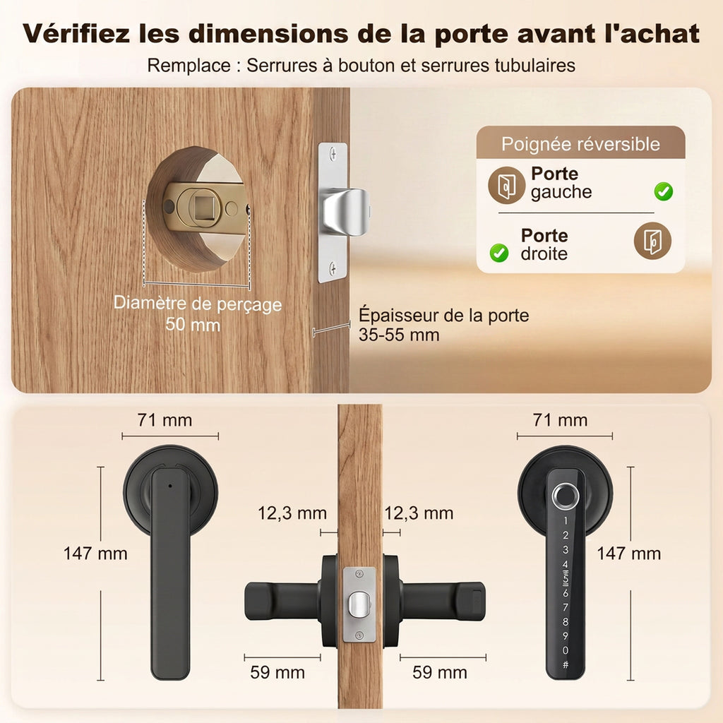 Serrure de Porte Intelligente, 5 Accès par Empreinte, Code, Carte NFC, Application Tuya/Smart Life et Clé, Noir-2