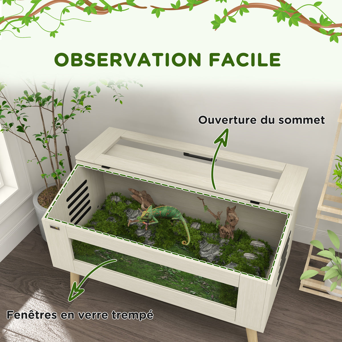 Terrarium pour reptiles, vivarium pour serpents 140L avec fenêtres en verre trempé, couvercle, 100 x 50 x 60 cm-4