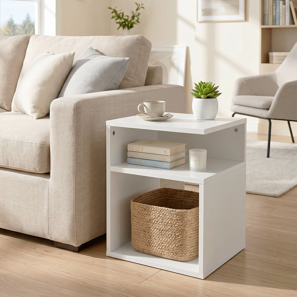 Table d'Appoint, Table Basse Moderne 3 Niveaux avec Étagères Ouvertes, pour Salon, Chambre ou Bureau, Blanc-1