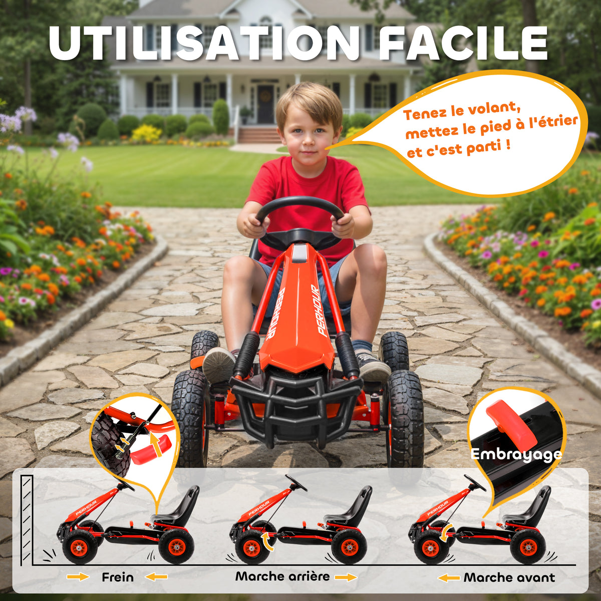 Kart à pédales Go-Kart pour enfants siège réglable pneus EVA embrayage manuel et frein 110 x 61 x 62 cm rouge-3