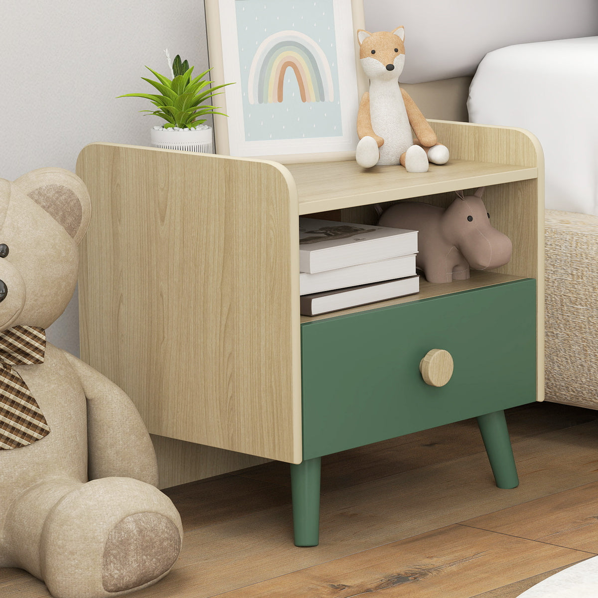 Lot de 2 tables de chevet enfant, tables de nuit enfant avec tiroir et niche, pour chambre d'enfant, 40x32,5x40cm, vert-8