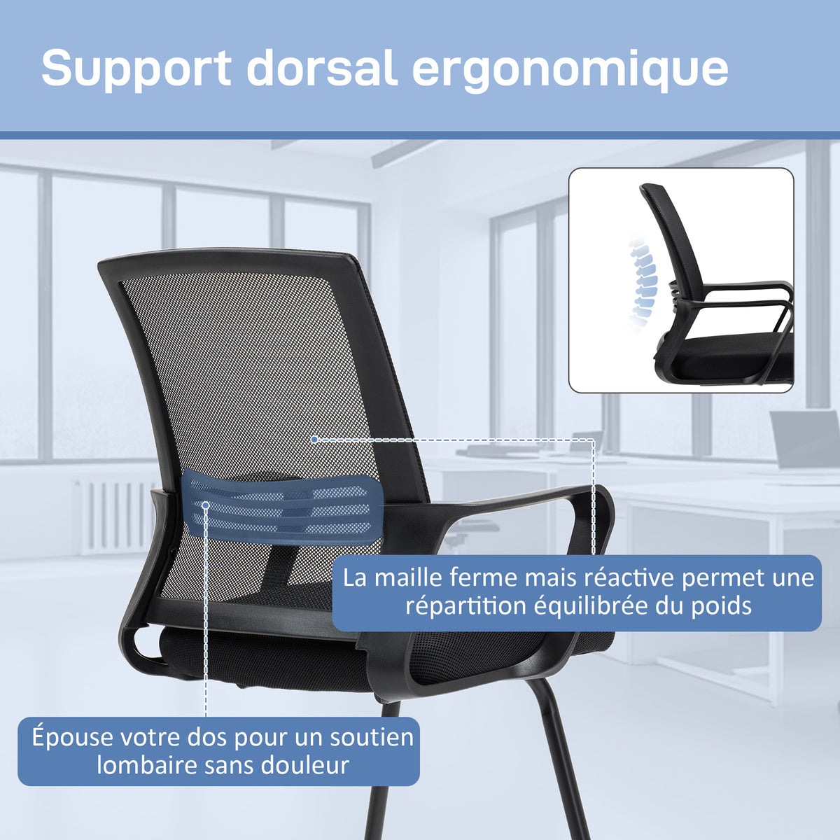 Chaise de bureau en maille sans roulettes, base en traîneau, pour salle de conférence, attente, réception, noir-3