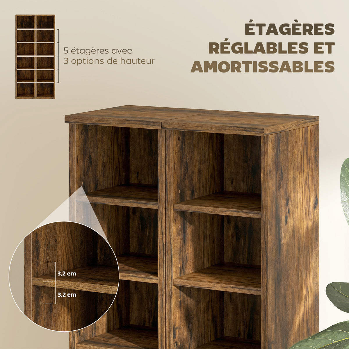 Lot de 2 étagères colonnes armoire de rangement CD-DVD 12 compartiments 21 x 22,5 x 88,5 cm capacité 204 CD marron-5