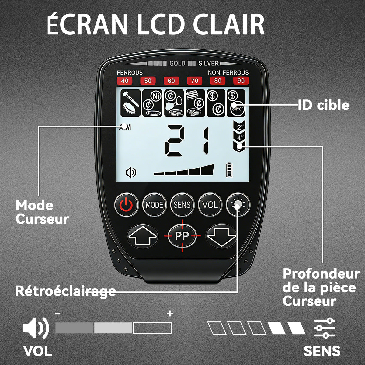 Détecteur de Métaux, Bobine Étanche IP68 avec Écran LCD, 4 Modes, Haute Précision Hauteur Réglable, 139x26x30cm, Noir-5