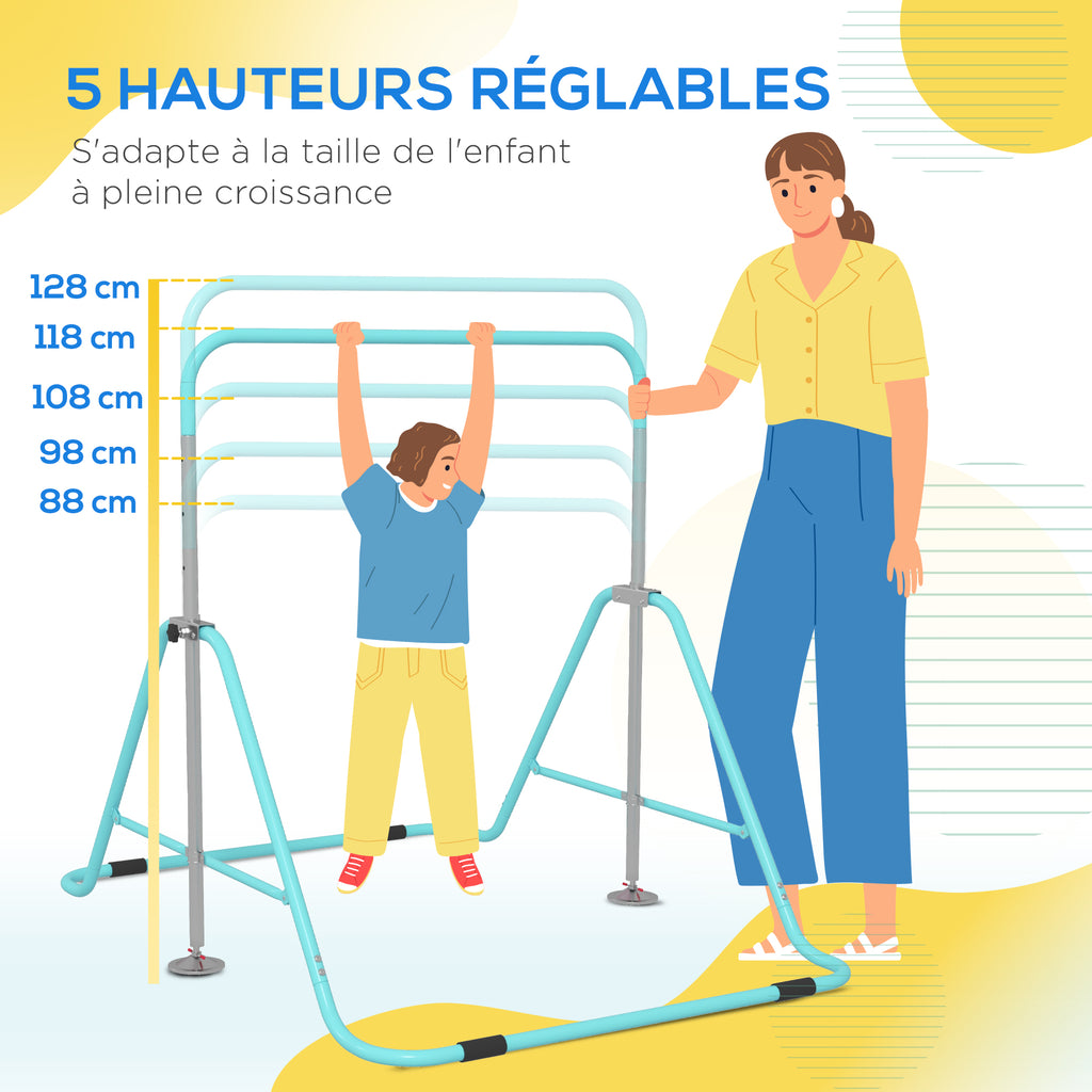 Barre fixe de gymnastique pour enfants pliante hauteur réglable de 88 à 128 cm vert-3
