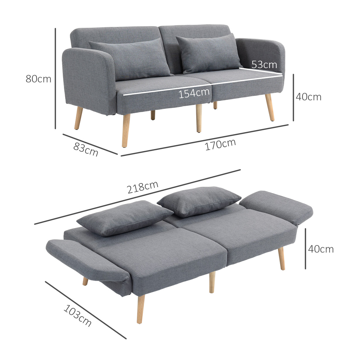 Canapé convertible 3 places design clic clac dossier inclinable et accoudoirs réglables tissu effet lin gris-2