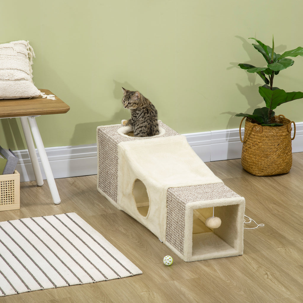 Tunnel pour chat intérieur jouets pour chats avec balle suspendue entrées multiples en sisal 98 x 30 x 30 cm crème-1