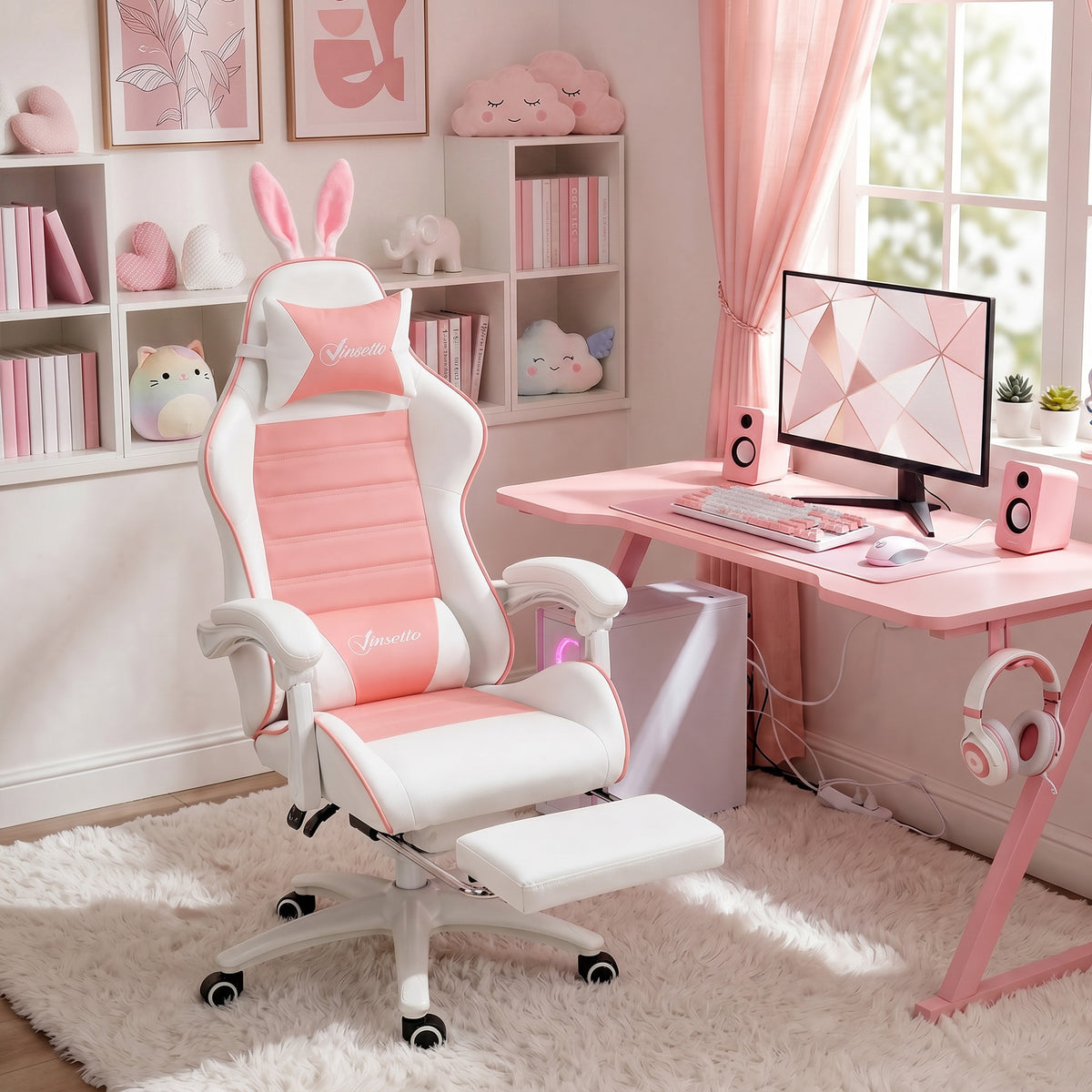 Chaise de gaming avec support lombaire, hauteur réglable, dossier inclinable, oreilles de lapin et appui-tête, rose-9