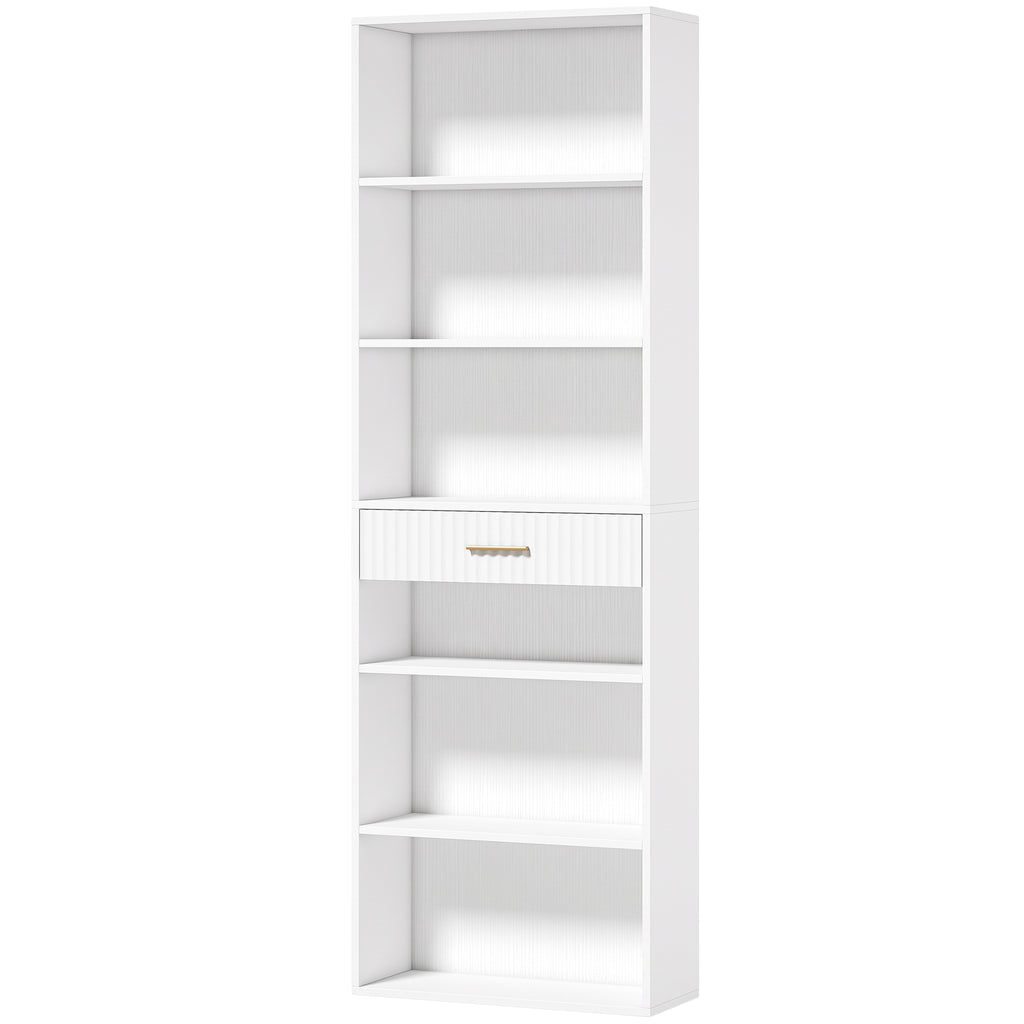 Bibliothèque à 7 Niveaux, 6 Compartiments Ouverts et Tiroir au Motif Ondulé, Moderne, 60 x 24 x 182 cm, Blanc-0