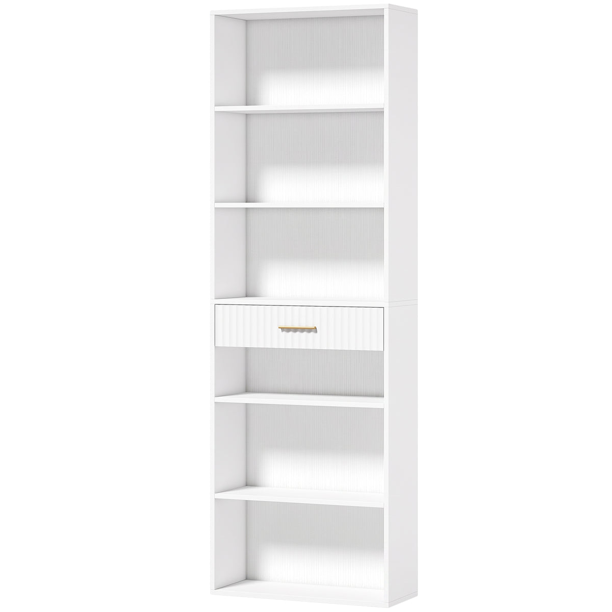 Bibliothèque à 7 Niveaux, 6 Compartiments Ouverts et Tiroir au Motif Ondulé, Moderne, 60 x 24 x 182 cm, Blanc-0