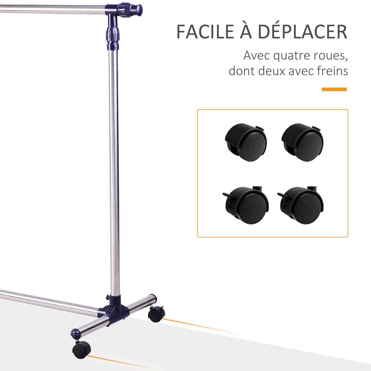 Portant à Vêtements, Tringle Réglable à Roulettes en Acier Inox, Charge Max. 25 kg, Argent-4