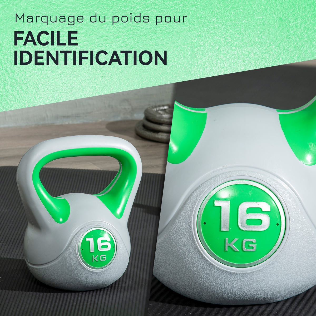 Kettlebell 16 kg, Haltère avec Poignée Ergonomique, Haltère à Boule, Musculation, Entraînement, 27 x 17 x 31 cm, Vert-4
