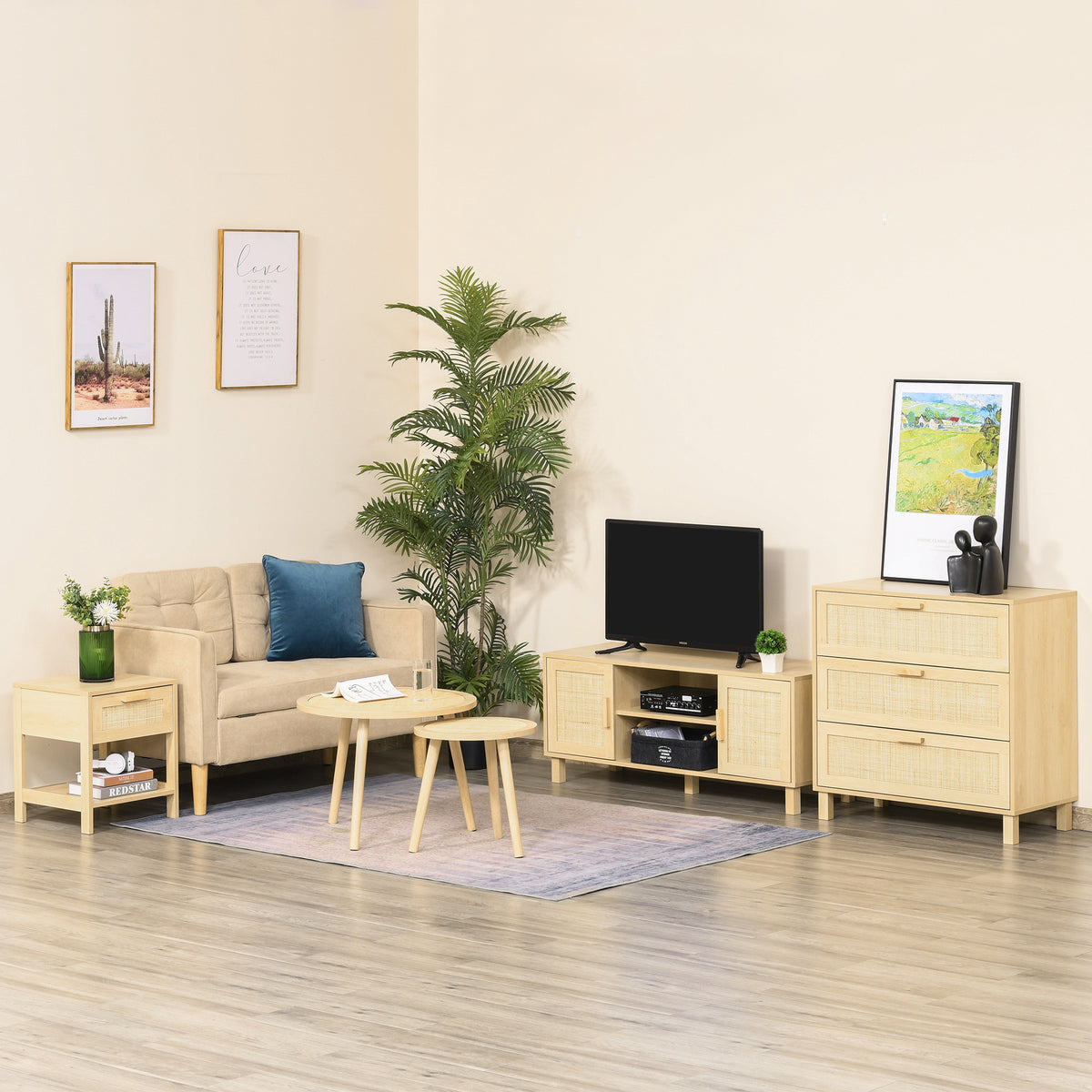 Meuble TV Banc TV 2 niches 2 placards Porte cannage en rotin dim. 115L x 40l x 48H cm MDF Aspect Bois Clair-1