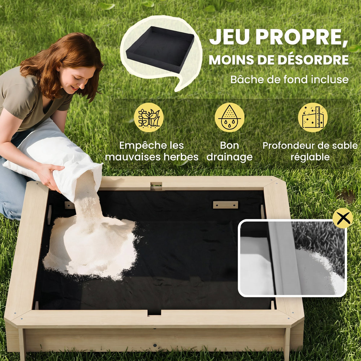 Bac à sable carré en bois pour enfants dim. 106L x 106l cm avec bancs et couvercle - auvent réglable-6