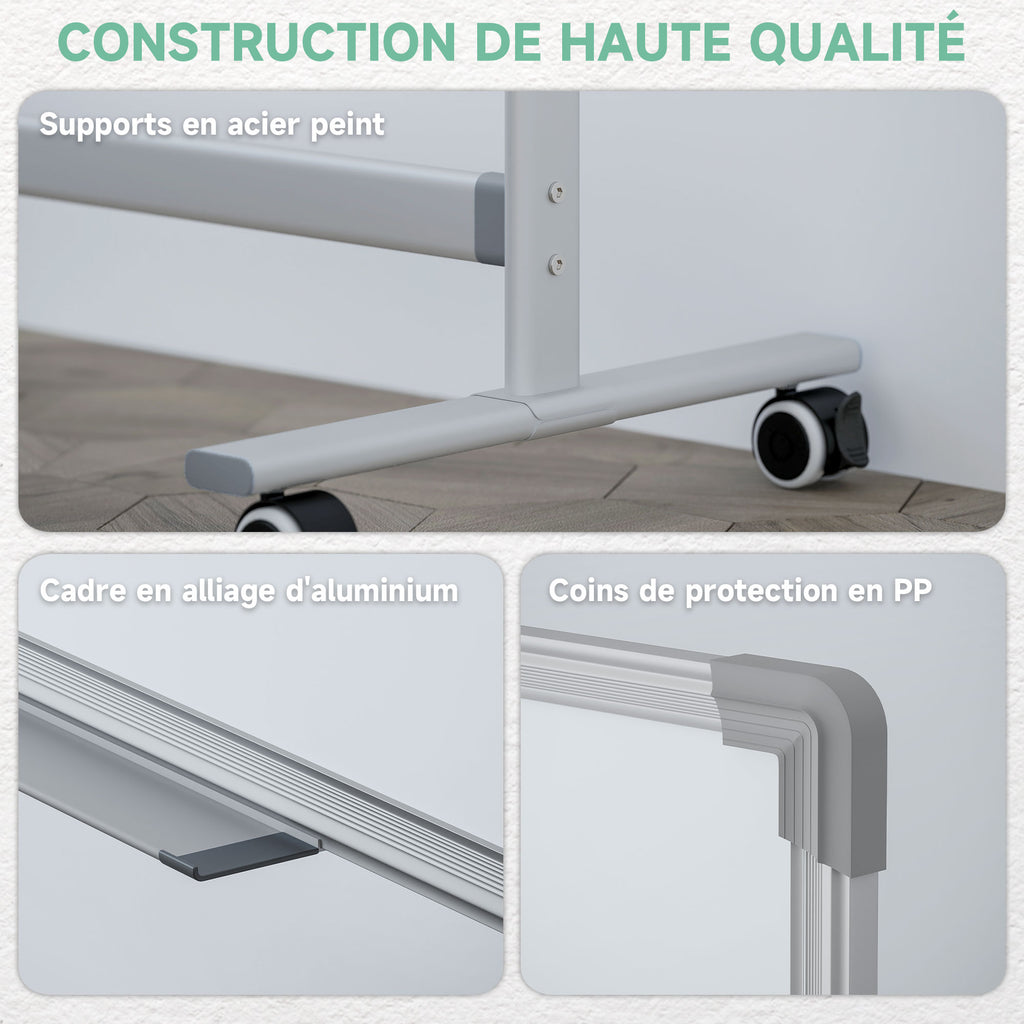 Tableau blanc magnétique double face effacable rotatif mobile avec support, aimants, marqueurs, gomme et roulettes-5
