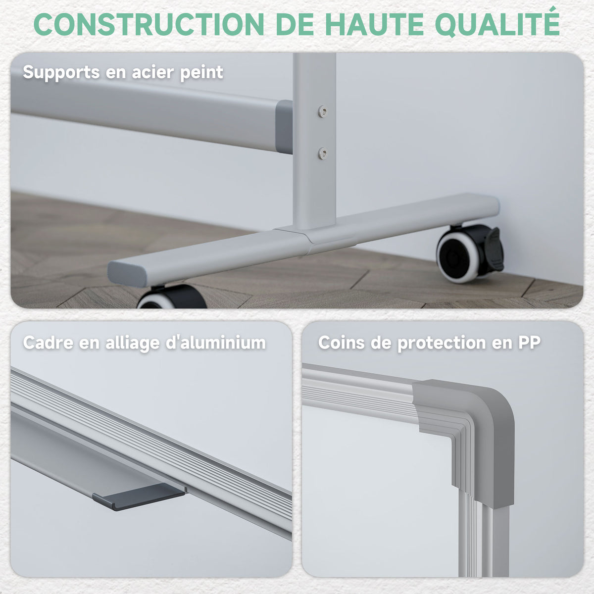 Tableau blanc magnétique double face effacable rotatif mobile avec support, aimants, marqueurs, gomme et roulettes-5