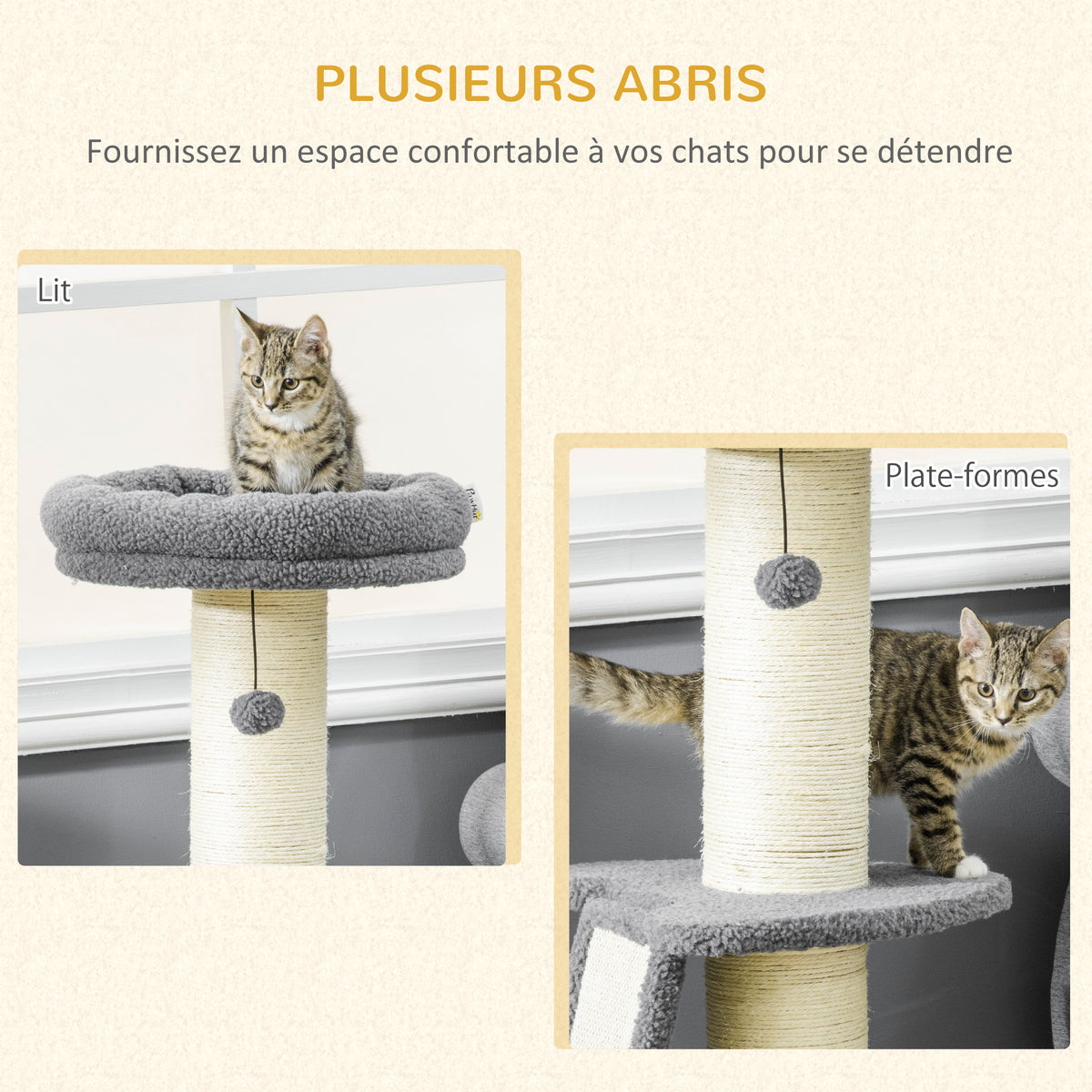 Arbre à chat avec griffoir tronc en sisal boules suspendues et plate-forme d'observation hauteur 92 cm - gris-3