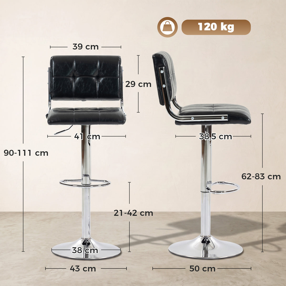 Lot de 2 tabourets de bar, hauteur réglable, pivotant 360°, siège rembourré, dossier et repose-pieds, noir-2