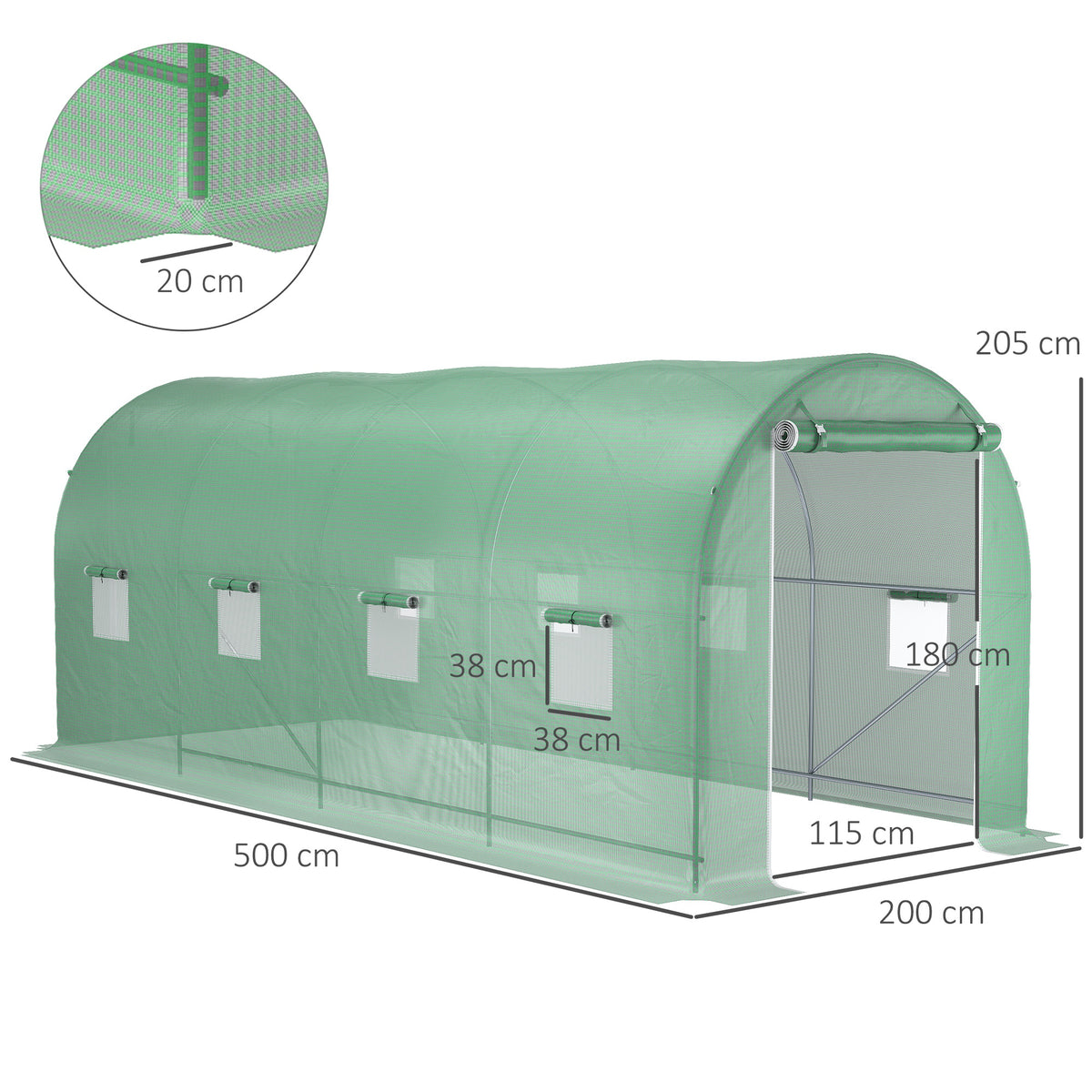 Serre de Jardin Tunnel Surface Sol 10 m² 5L x 2l x 2,05H m châssis Tubulaire renforcé Porte zippée 8 fenêtres enroulables Vert-2