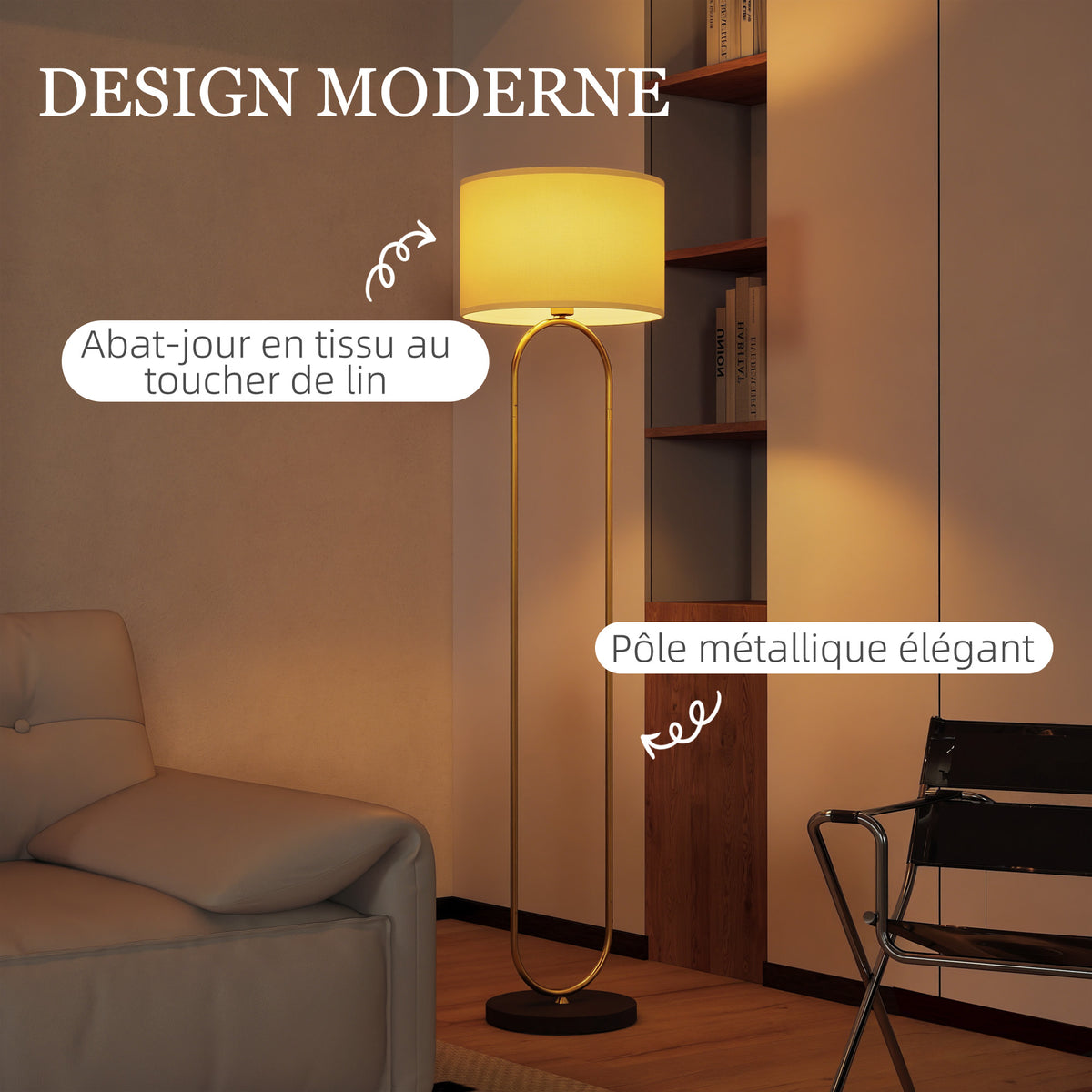 Lampadaire abat-jour en lin douille E27 style moderne interrupteur à pied pour salon et chambre 156 cm doré et noir-3